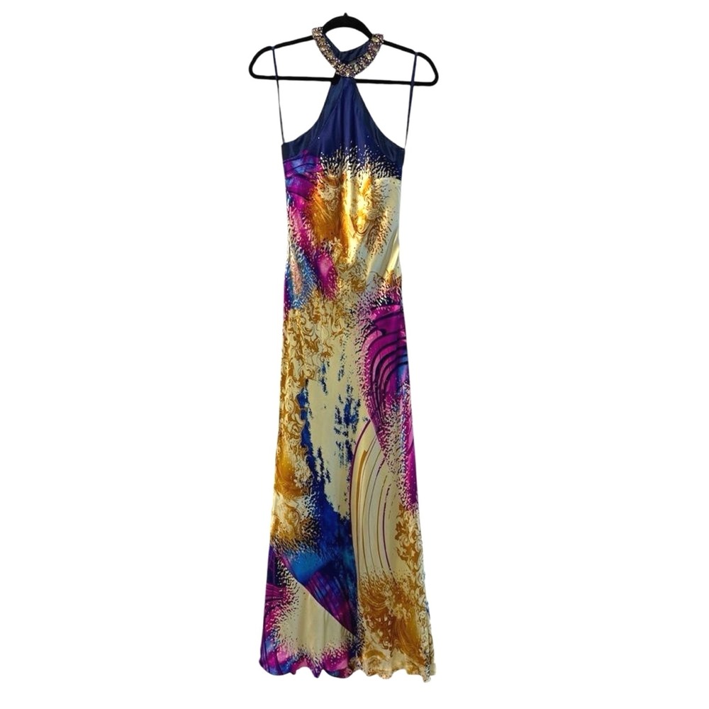 Wow! Prom &‎ Pageant Blue Gold Abstract 100% Silk Embellished Halter Dress 4
